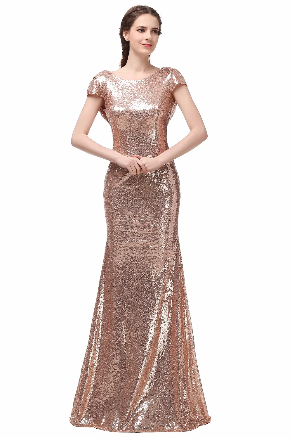 Champagne Long vestido longo Sequined Short Sleeve Floor Length Bridesmaid Dress 2016 Prom Dress Wedding Party Dress 10