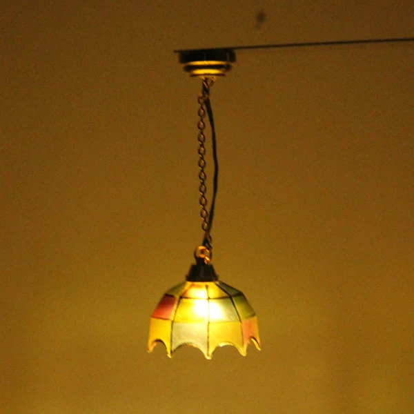Gold Plated Metal 1:12 Dollhouse Miniature Ceiling Lamp Model With Multicolor Umbrella Shape Lampshade