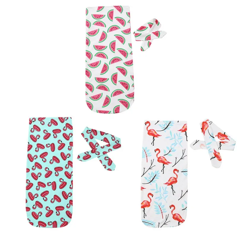 

Newborn Baby Soft Printing Blankets Swaddling Infant Swaddle Wrap And Headband Set 0-1Y Cotton Cartoon Prining baby sleeping bag