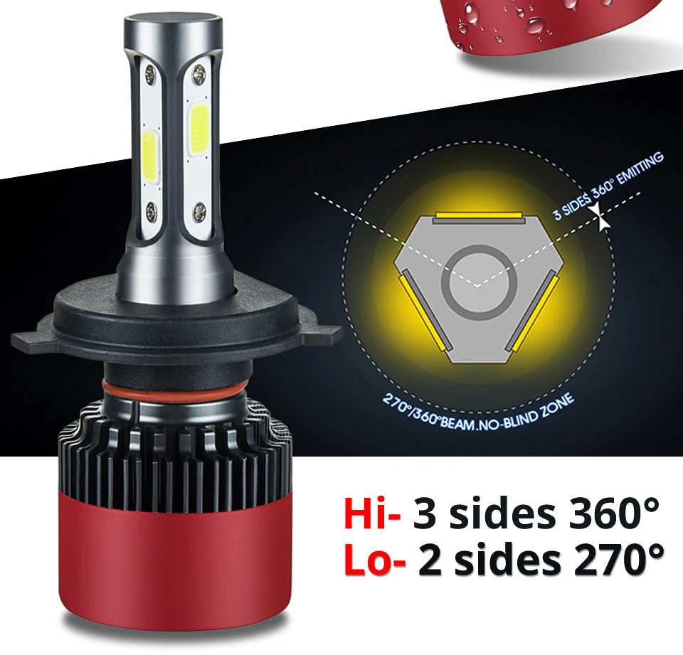 Foxcnsun 3-sided H1 H3 H4 H7 LED H11 9005 9006 9012 HB3 HB4 COB Car LED Headlight Bulbs 72W 8000LM 6500K Auto Headlamp 12v 24v (4)
