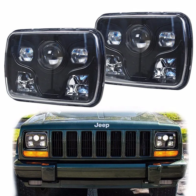 Square LED Headlights Projector with High Low Beam DRL Driving Lamp For Truck Jeep Offroad Car - Black (1 Pair)