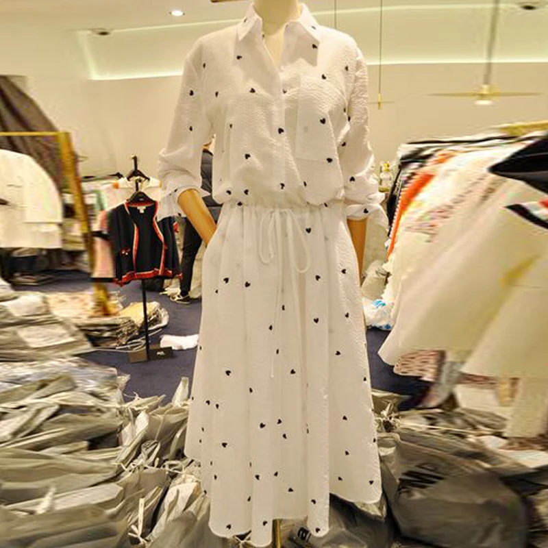 MAPUSITOM Heart Print Shirt font b dress b font for Women Elastic Waist Single Breasted White