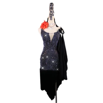 

Latin Dance Salsa Dress Black Red White Sexy Fringe Skirts Shiny Rhinestones Competition Performance Practice Wear Dresses Girls