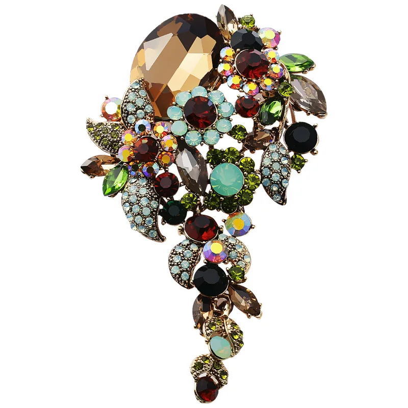LINGLADY Large Retro Colorful Flower Leaves Rhinestone Brooch Pins Metal Necklaces Pendants For Women Fashion Jewelry