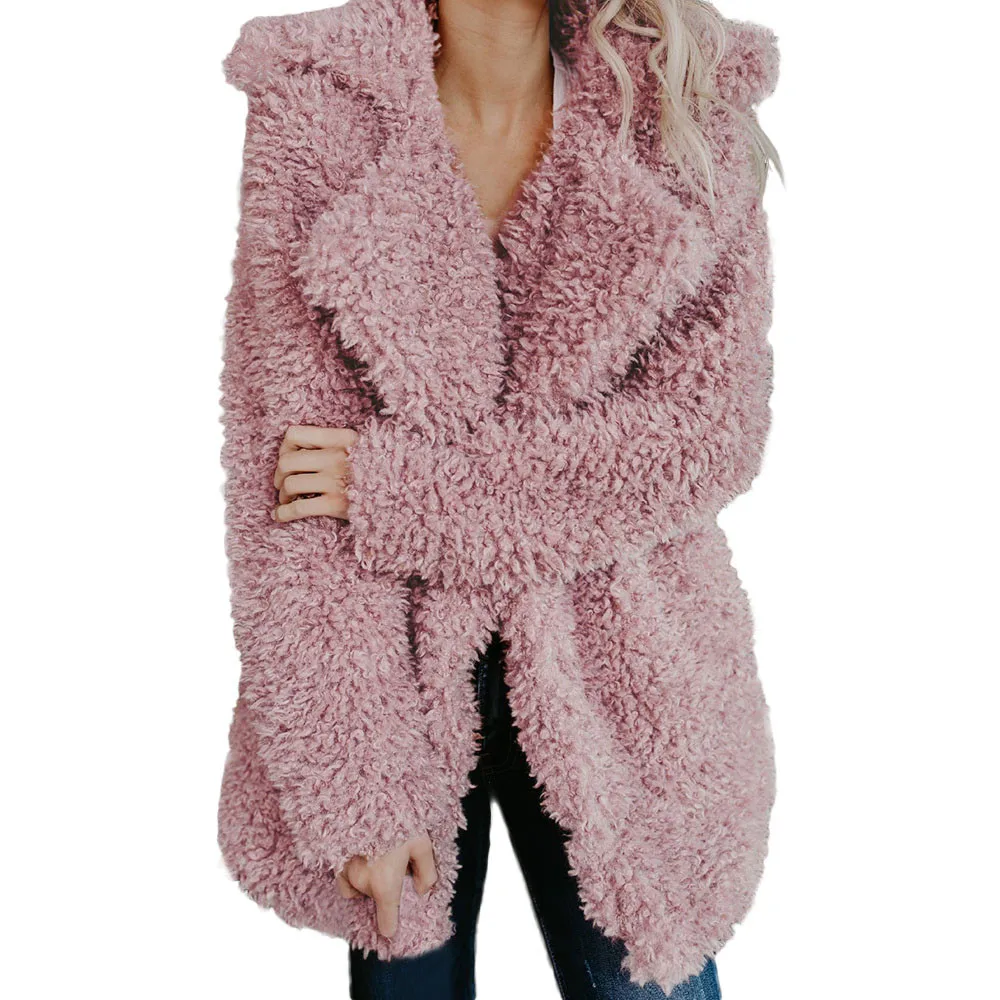 Меховое пальто для женщин, женское теплое пальто из искусственной шерсти, куртка с отворотом, зимняя верхняя одежда, зимние топы, меховое пальто с длинным рукавом и отворотом
