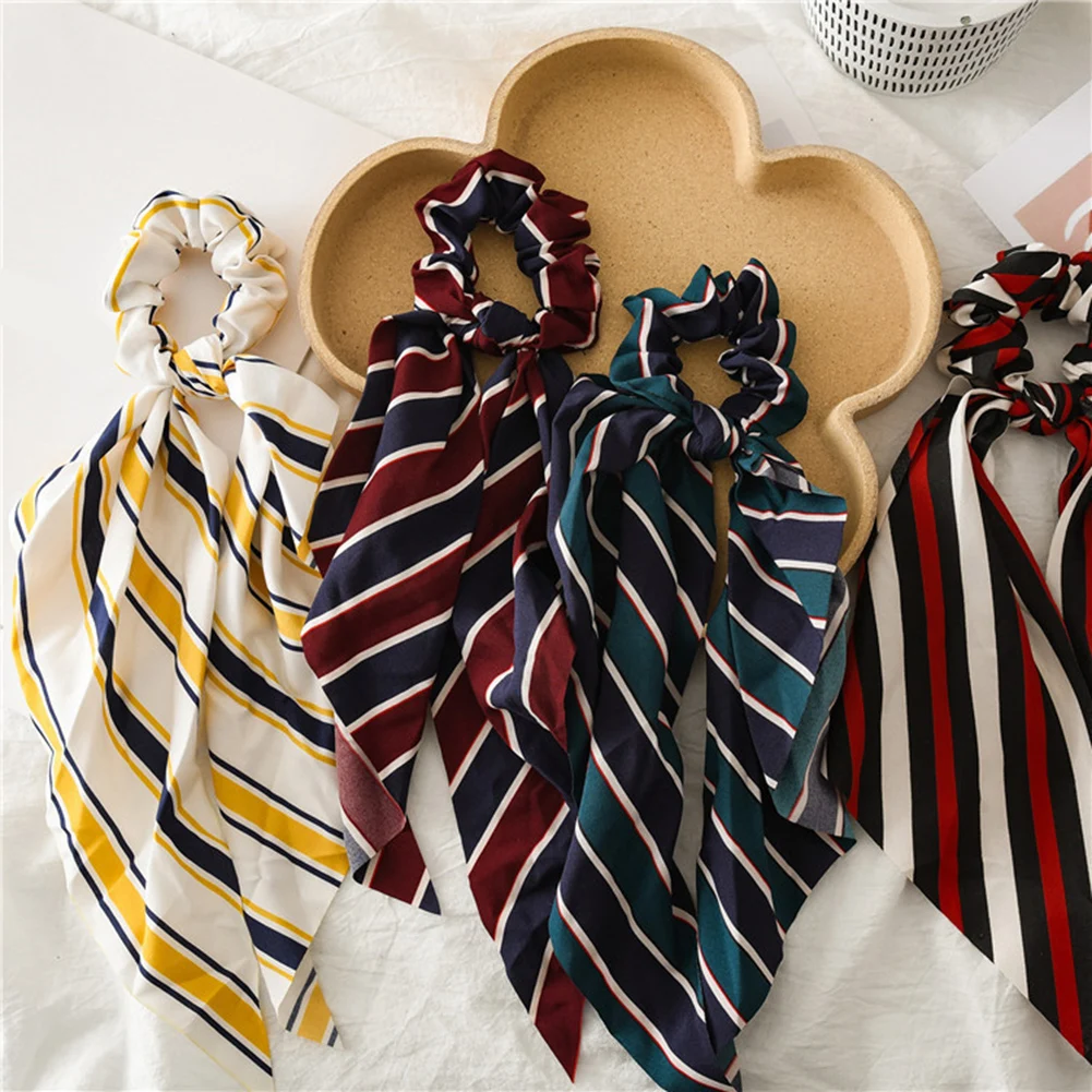 

Boho Stripe Elastic Hair Bands Round Circle Bow Scrunchies Long Ribbon Hair Scarf Elastic Rope Hair Ties Ladies Fashion Headwear