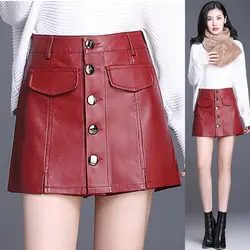 Зима-осень 2018, новые женские шорты с пуговицами, винно-красный, черный цвет, из искусственной кожи, Женская облегающая юбка, 4xl, однобортные