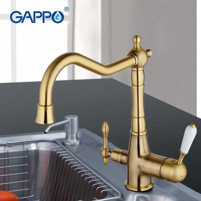 

GAPPO Brass Filter Water Taps Kitchen Mixer Water Faucet Golden Vintage Tap Hot and Cold Water Mixer Tap Double Handle Faucets