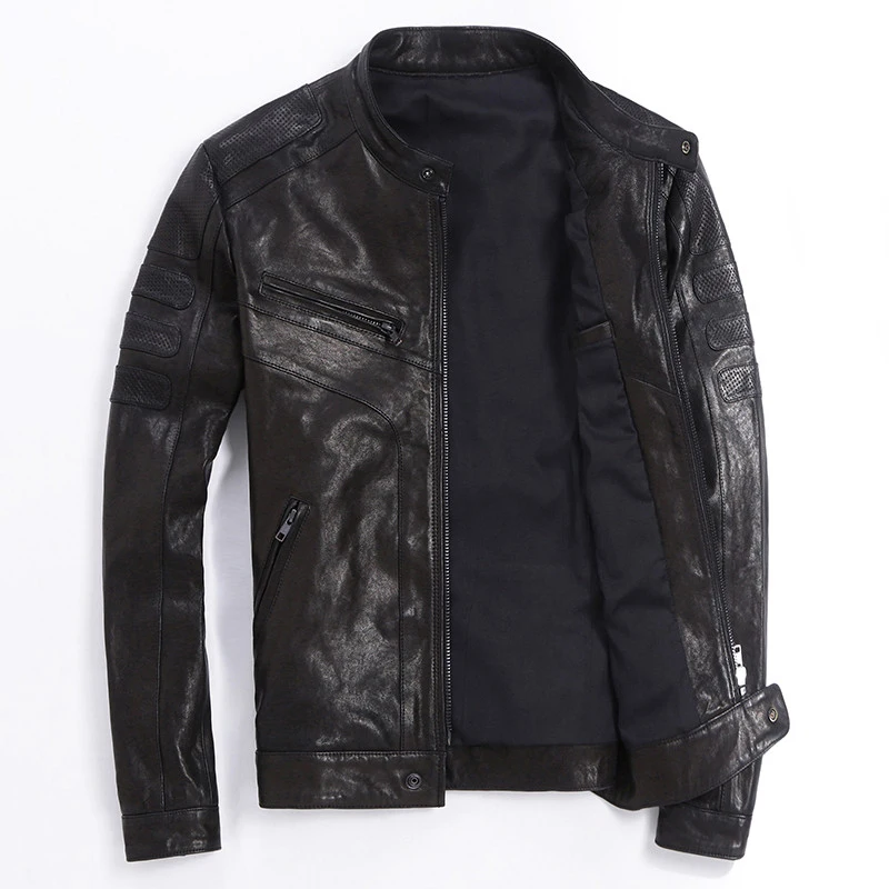 Осенняя качественная козья кожа натуральная кожа винтажные мотоциклетные байкерские куртки мужские черные тонкие Куртки из натуральной кожи крутые мужские пальто