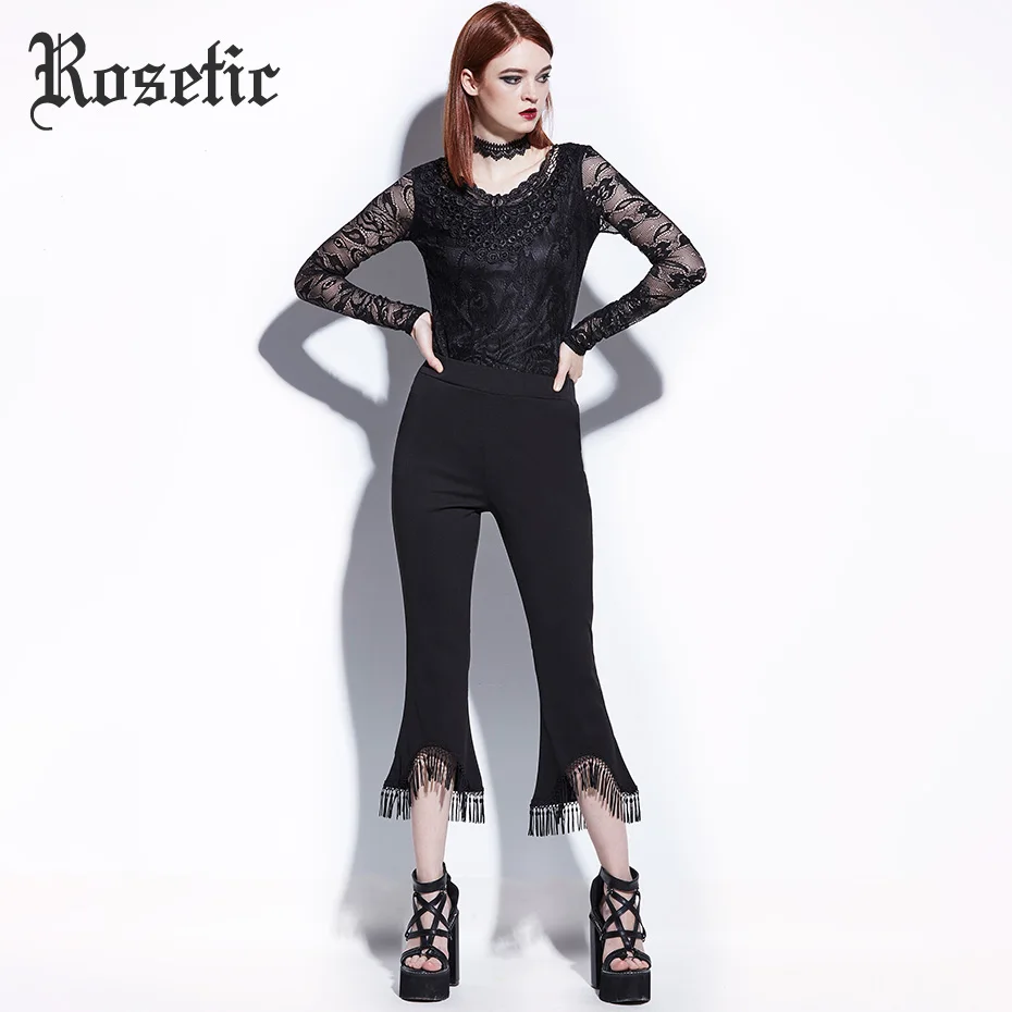 

Rosetic Gothic Flare Pants Skinny Black Irregular Tassel Stretchy Fitness Fahion High Street Ankle-Length Goth Slim Bellbottoms