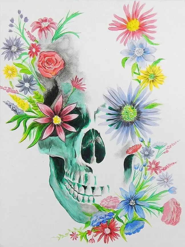 

SKULL AND FLOWERS - FINE ART PRINT SILK POSTER Decorative painting 24x36inch