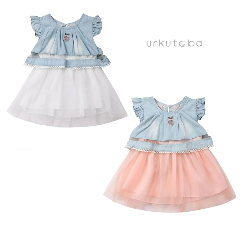 

Hot Kids Dresses New Summer Denim Mesh Dress Infant Toddler Kids Baby Girl Lace Denim Princess Tulle Sundress Tutu Dress