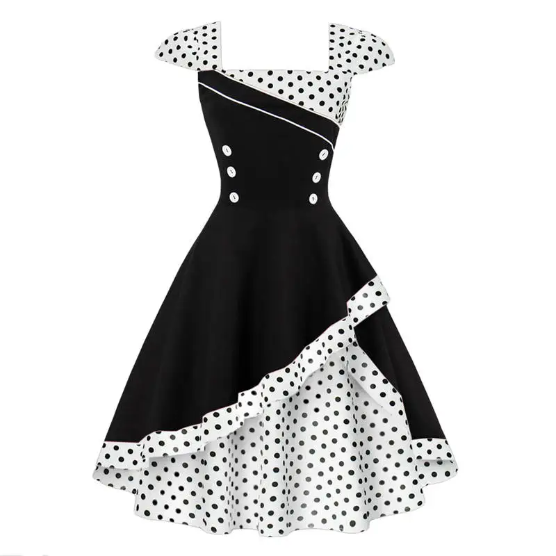 

2018 Summer Womens Retro Vintage Patchwork Dress Polka Dot Elegant Ladies A-line Rockabilly Party Evening Swing Dresses S-4XL