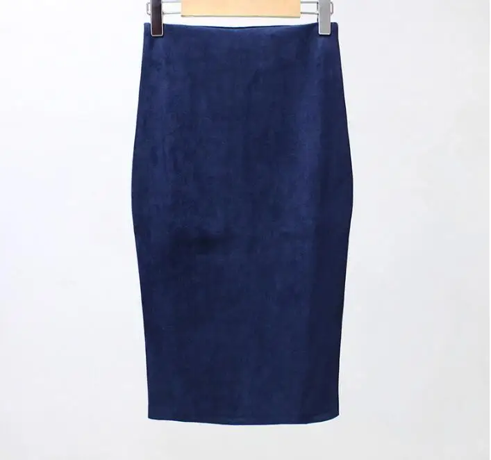 Модные женские замшевые юбки средней длины с высокой талией, зимняя длинная юбка, осенняя Весенняя юбка-карандаш с разрезом сзади для офисных леди - Цвет: Синий