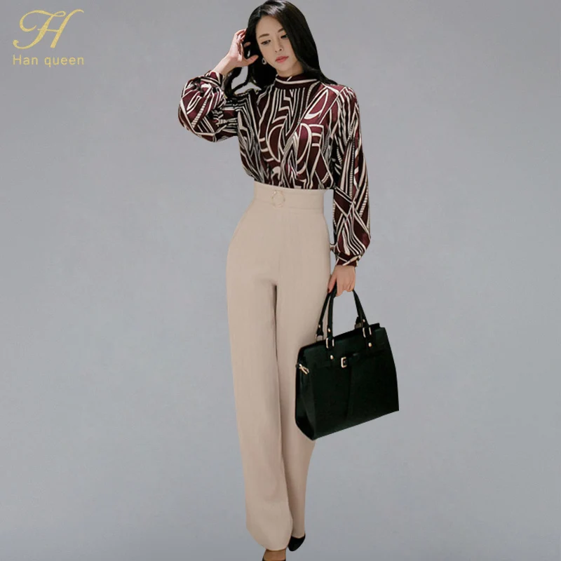 

H Han Queen 2018 Winter New Korean Elegant Print Shirt Top + Fashion High Waist Long Pants Business 2 Pieces Suits OL Set Female