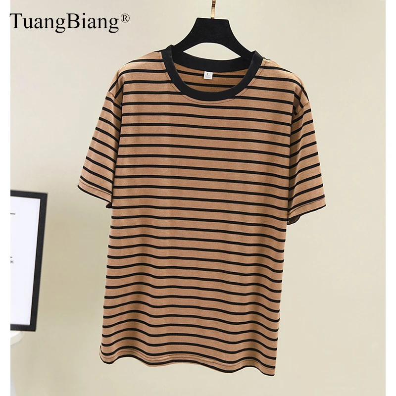 

Khaki Black Stripe Ladies T Shirts 2019 Summer Cotton Femme Short sleeve Casual Retro Tee Tops Women Round neck Loose Tshirts