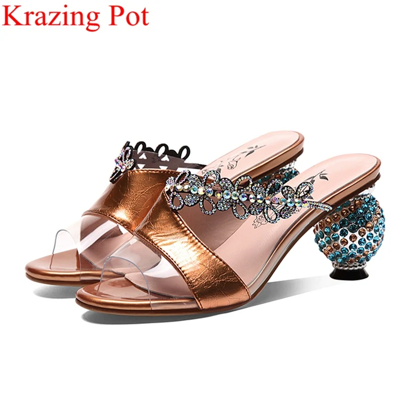 

superstar patent leather peep toe crystal high heels strange style women sandals sweet slingback mules brand summer shoes L22