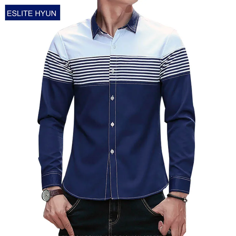 

2018 Men Striped Shirt Men dress Cotton business Casual Spring Autumn men's Patckwork Slim Fit Men Long Sleeve Shirt Social 3XL