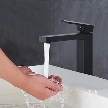 Online Two Size Matte Black Square High Style Bathroom Sink Faucet Solid Brass Basin Faucet Cold And Hot Water Mixer Single Handle Tap