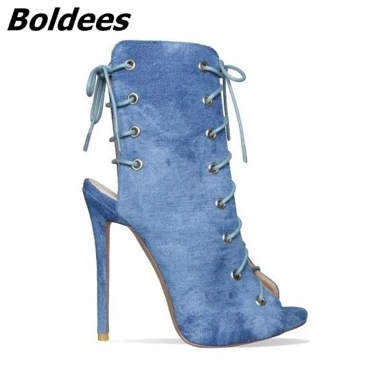 New Stylish Design Light Blue Denim Booties Fancy Jeans Peep Toe Stiletto Heel Lace Up Dress Pimps Trend Fashion Shoes