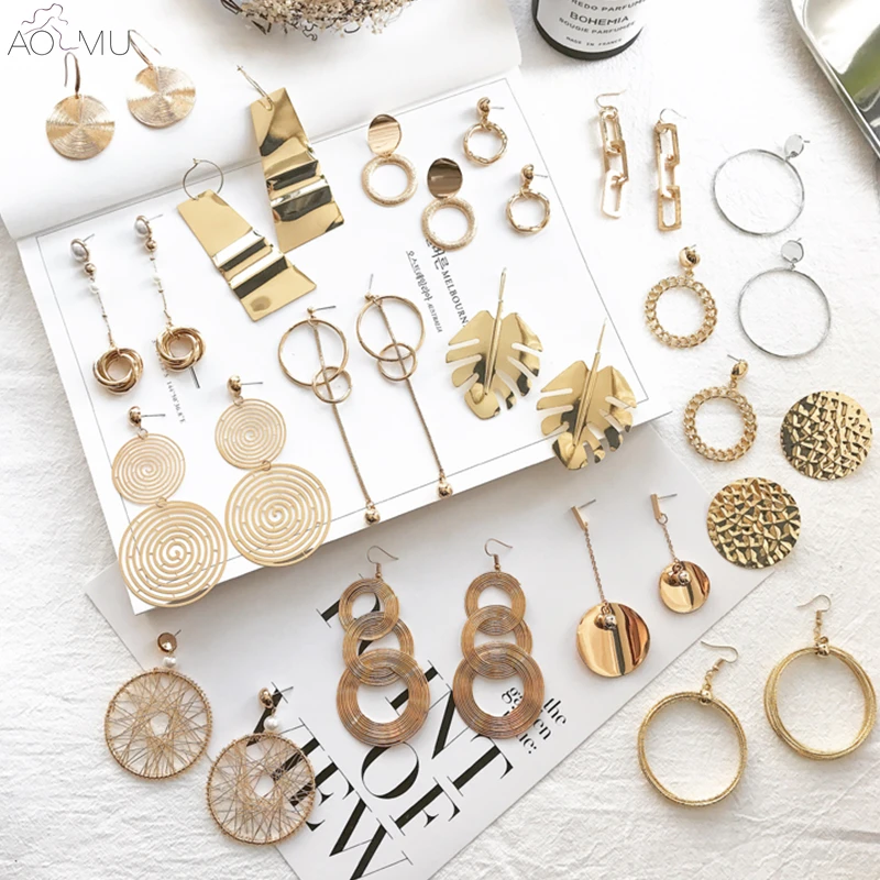

AOMU 2018 New Vintage Exaggerate Big Circle Dangle Earrings Matte Gold Drop Earrings For Women Long Earring Party Jewelry Brinco