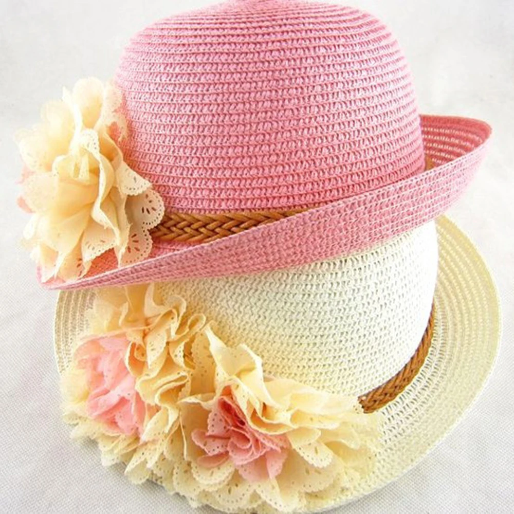 Fashion Summer Flower Design Straw Beach Cap Cowboy Hat Children Temperament Flowers Straw Caps