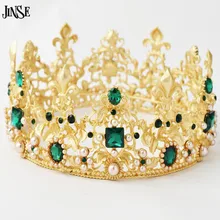 JINSE Lujo Vantage Rey Corona de Oro de la Aleación De La Corona de La Boda Tiara Nupcial de la Reina Barroca Verde Gem Stone Tiara Corona CR081