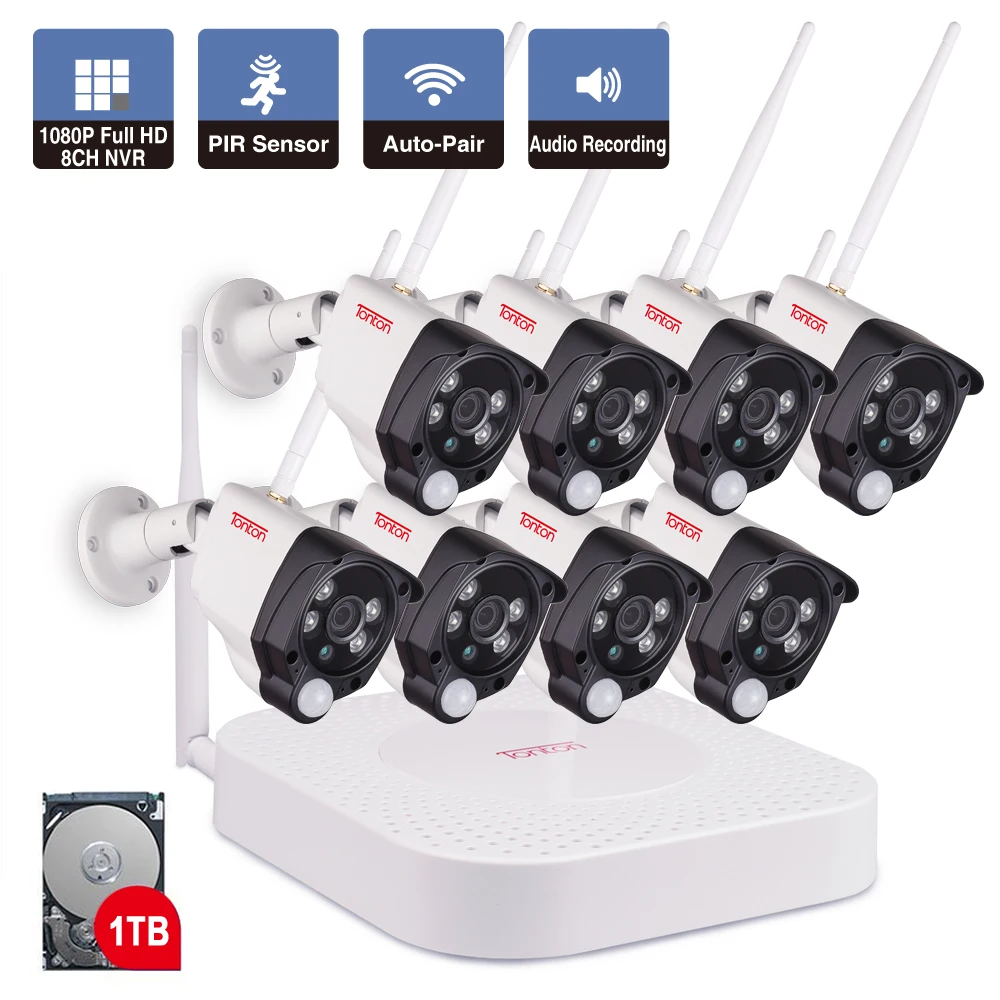 8CH 1080P 2MP IP камера, аудио запись, беспроводная система видеонаблюдения, домашняя NVR Камера видеонаблюдения, комплект видеонаблюдения, PIR сенсор, тонтон