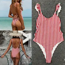 Купальник монокини сдельный гимнастический купальник с высоким вырезом, бикини с открытой спиной боди полосатые праздничные треугольные плавки Купальники
