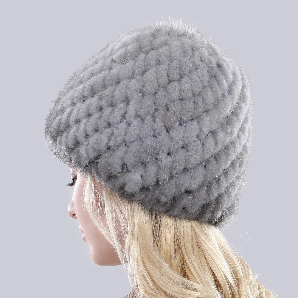 New Winter Lady Natural Mink Fur Beanies Hat Knit Warm Striped Genuine Mink Fur Caps Women Good Elastic Real Mink Fur Hat 2