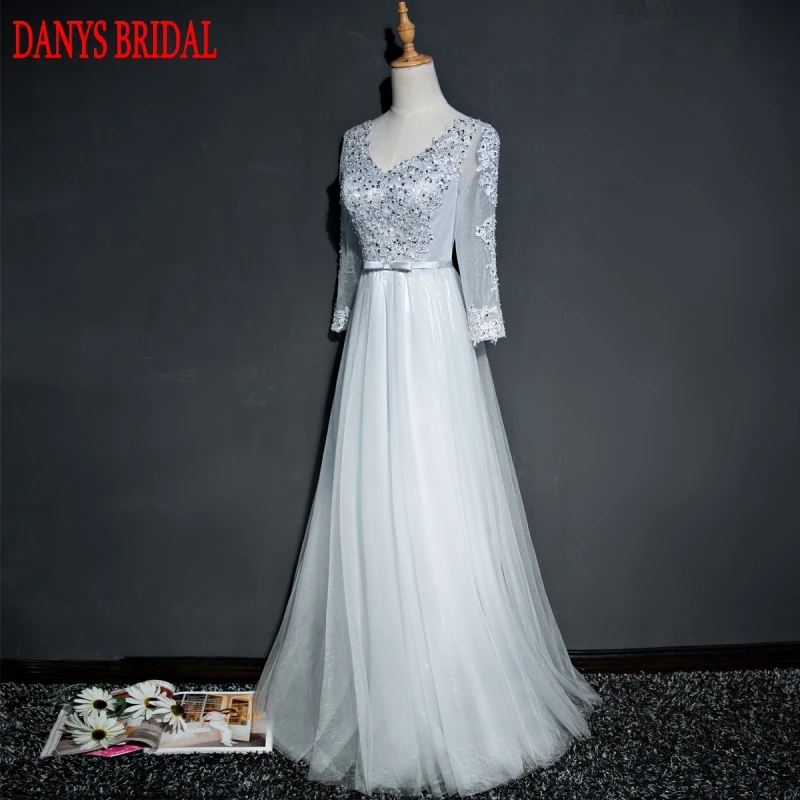 Silver Long Sleeve Evening Dresses Party Women Beaded Prom Dress Formal