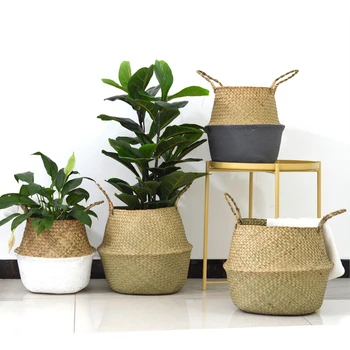 

S-XL Storage Basket Rattan Straw Basket Wicker Folding Flower Pot Seagrasss Flower Baskets Garden Planter