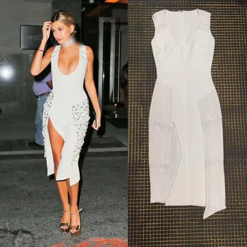 

2018 New Women Fashion Beading Boycon Bandage Dress Sexy Deep V Neck Sleeveless Side Split Elegant Evening Party Dress Dropship