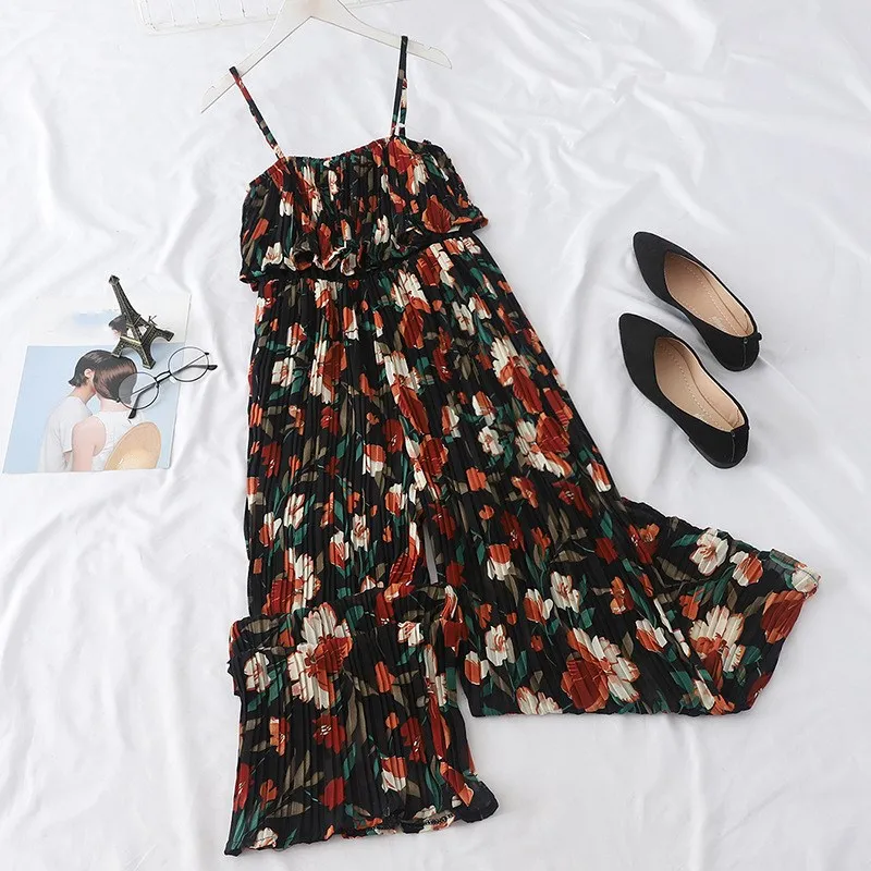 

2019 Summer Flower Printed Jumpsuits Spaghetti Straps Ruffle Chiffon Jumpsuit Off Shoulder Sleeveless Wide Leg Jumpsuits