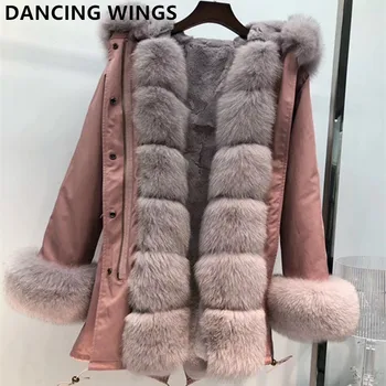 

Women real fur parka winter warm natural large fox fur coat with real rex rabbit fur liner coat winter jacket