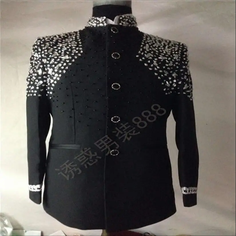 S 3XL 2017 men's clothing fashion Studio black seam diamond suit MC Wedding dress the host plus