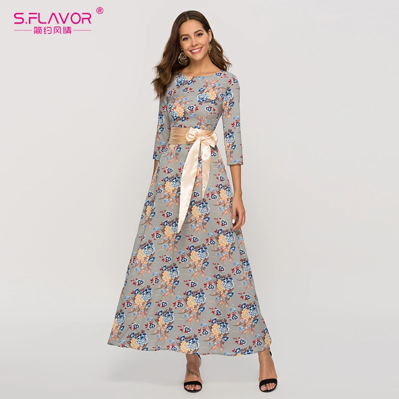 

S.FLAVOR Women Gray Autumn Winter Long Dresses Casual O-neck Printing Loose Dress For Female Chic Elegant Women Vestidos De
