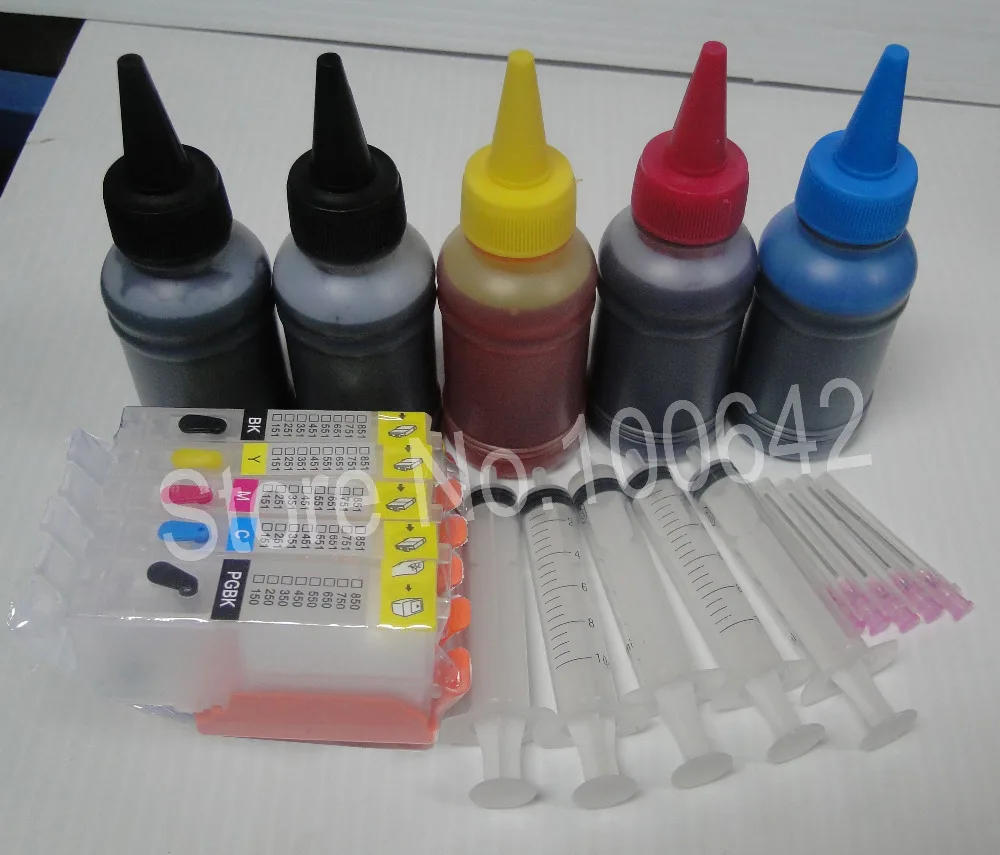 

5 color*100ml Dye ink + Refillable ink cartridge PGI-750 CLI-751 for Canon PIXMA MG5470 MG6370 Ip7270 MX727 MX927 with chip