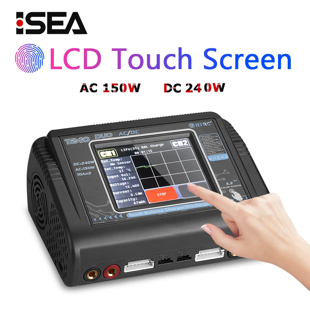 HTRC LiPo Charger T240 DUO AC 150W DC 240W 10A Touch Screen Dual Channel Battery Balance