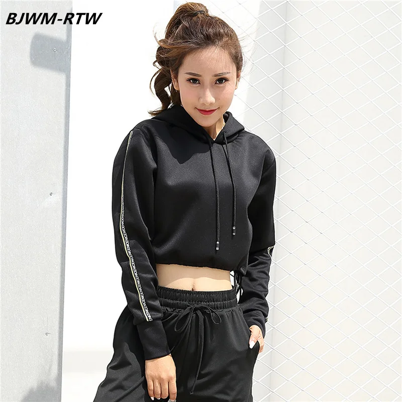 

Hooded Long Sleeve Gold Rim Ribbon Letters Loose Waist Tie Cropped Gym Sweater Women Pullover Quick Dry Running Sport Top Black