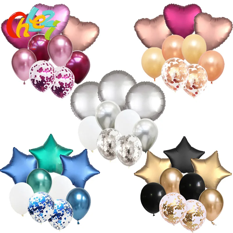 

9pcs/lot 18 inch Rose Gold Round Heart Star foil helium balloons+12inch transparent confetti latex globos wedding birthday decor