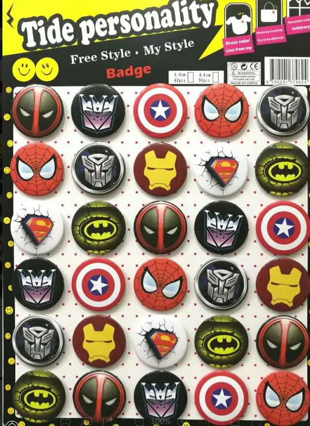 

New 30pcs/set Popular superheros Badges,Round Brooch Badge Kids Clothing Accessories 44MM Free Shipping M06
