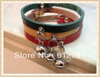 

Free shipping Genuine leather Pet dog puppy cat collar with silver bell mixe three colors 20pcs/lot