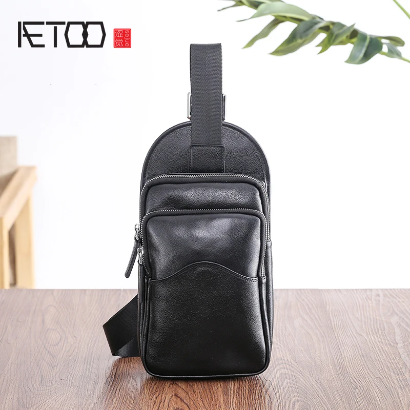 

AETOO Chest bag male leather casual single shoulder oblique cross small ba fashion head layer cowhide man chest bag
