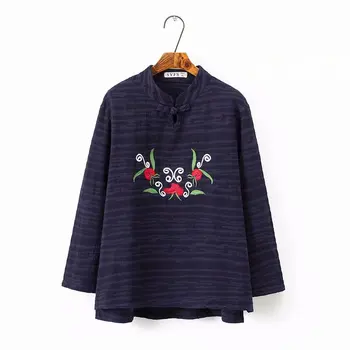 

Oversized Plus Size Embroidered Button Hoodies Women Blue Mandarin Collar Sweatshirt 2018 New Spring Autumn Ladies Pullovers
