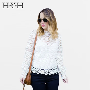 

HYH HAOYIHUI 2018 Women Sexy Lace Patchwork Shirt Solid Hollow Out O-Neck Lantern Sleeve Female Tops Black/White Lady T-shirt
