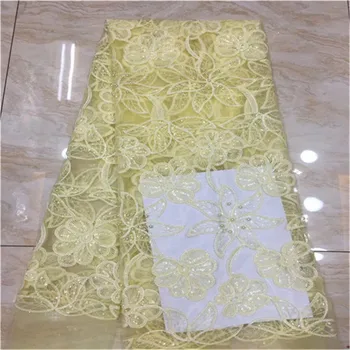 

French Laces Fabric beads Sequins Flower embroidery African Lace Fabrics High Quality 2019 For Wedding Yellow purple white