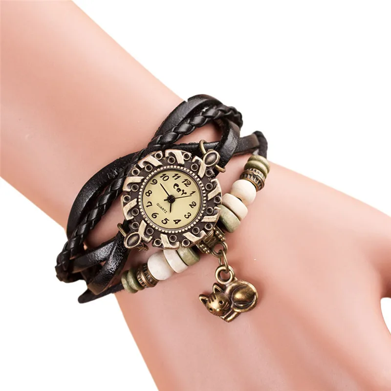 Модные женские часы в ретро стиле кошка кулон кожаный поясок браслет часы Круглый циферблат Кварцевые женские наручные часы женские часы# W