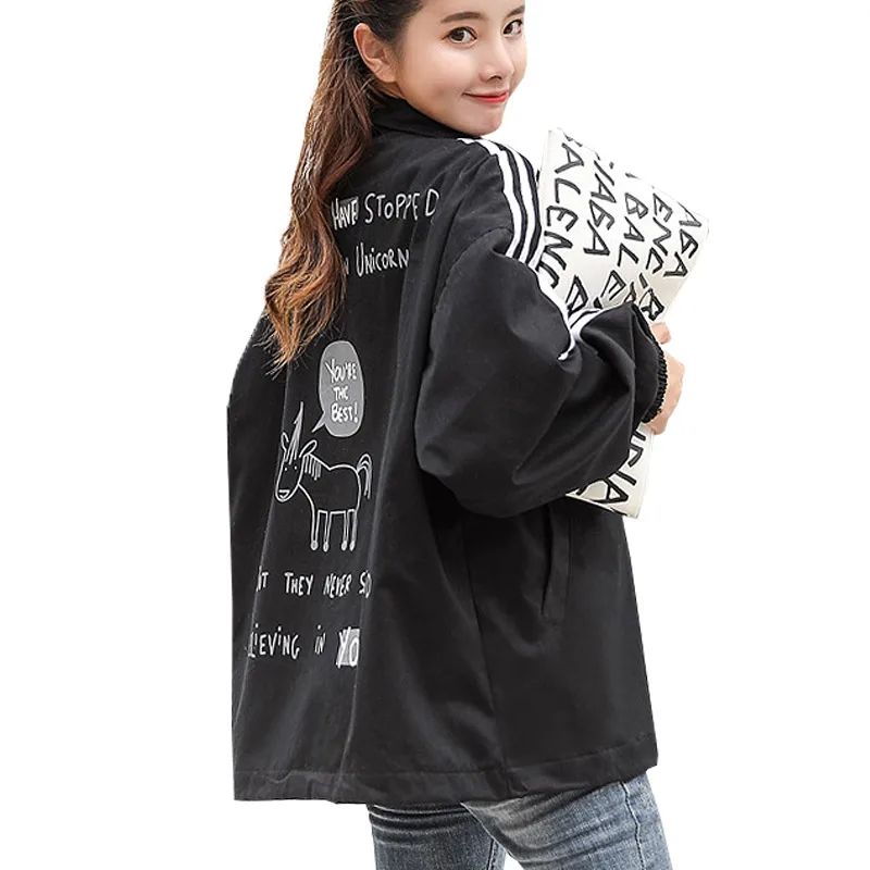 

Fashion Outwear Spring Autumn Cotton Causal Turn-down Collar Loose Coat Baseball Jacket Cardigan Back Printed Letters Coat