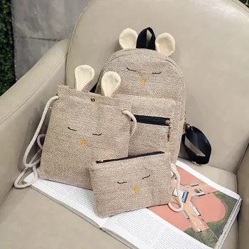 

Qlng Women Color Matching Wild Fashion Leisure Travel Bag Student Bag Backpack 3-piece Set Linen